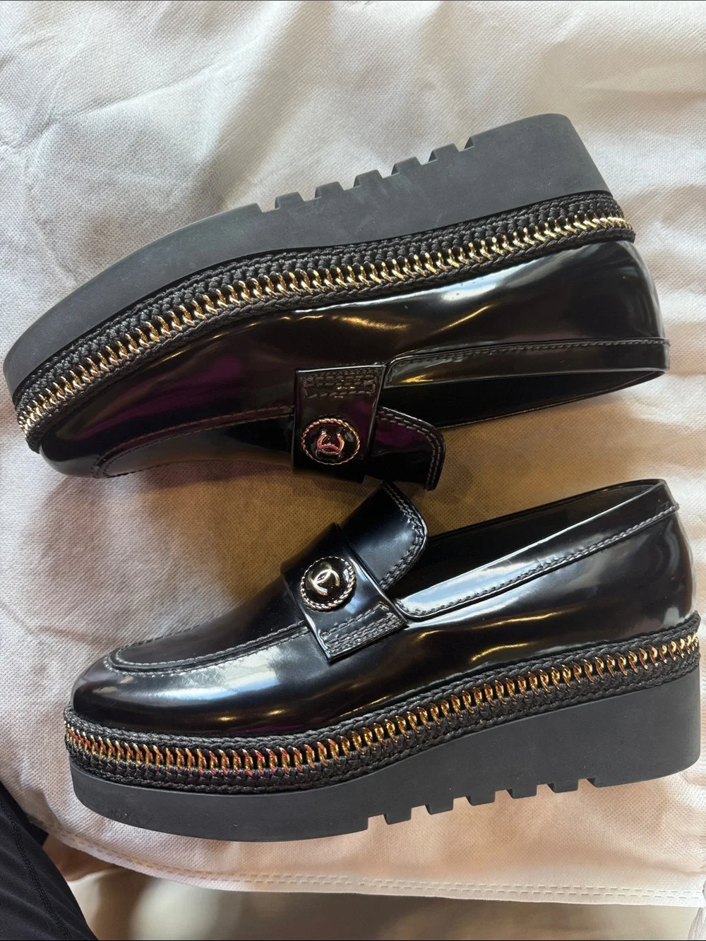 CHANEL Black Patent Leather Women’s Loafers with CC Medallion